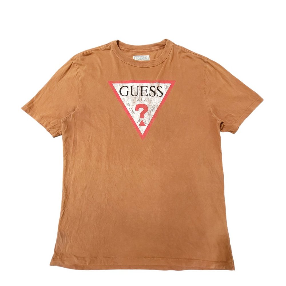 Men's Vintage GUESS Distressed Graphic‎ Print Brown Short Sleeves T-shirt SMALL